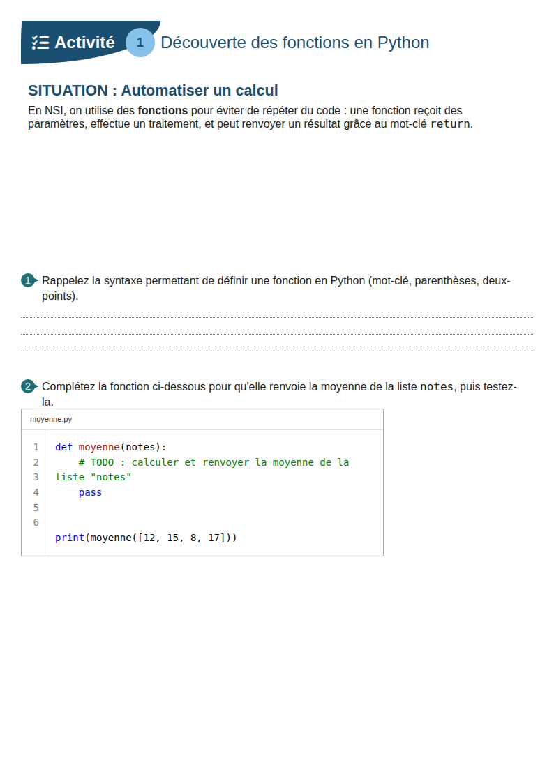 Aperçu du modèle « Fiche d'exercices — Python : les fonctions »