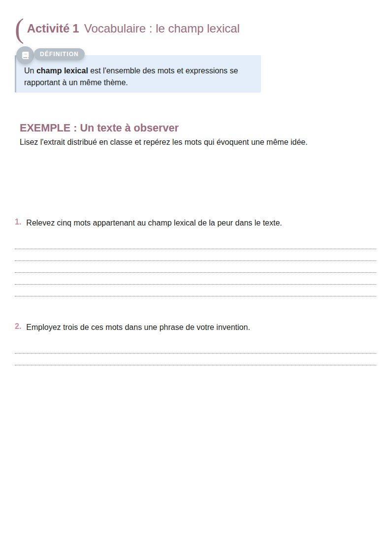 Aperçu du modèle « Fiche vocabulaire — Le champ lexical »